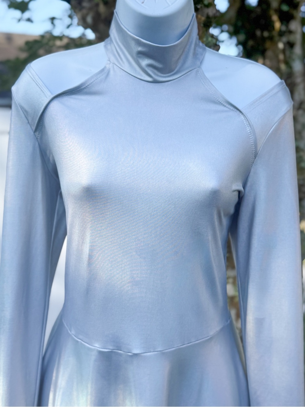 SPIRIT Silver Holographic Cold Shoulder Mock Neck Skater Dress Medium - Picture 2 of 9